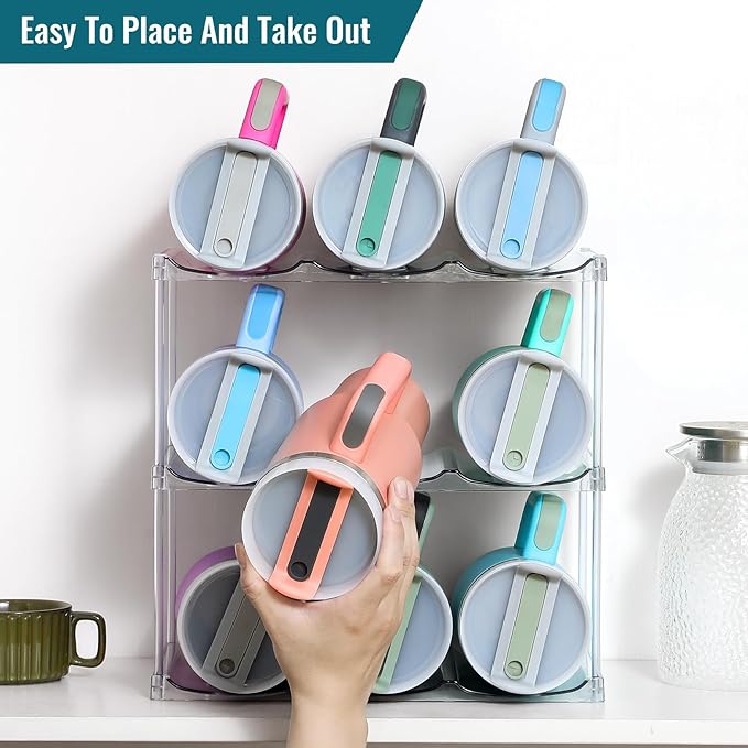 Design for Stanley 40 OZ & Large Bottles & Tumblers with Handle, Acrylic Water Bottle Organizer - Stackable Clear Wine Rack, Cup Holder for Home Kitchen Pantry Shelf Countertop Cabinet, 3 Tier Hold 9