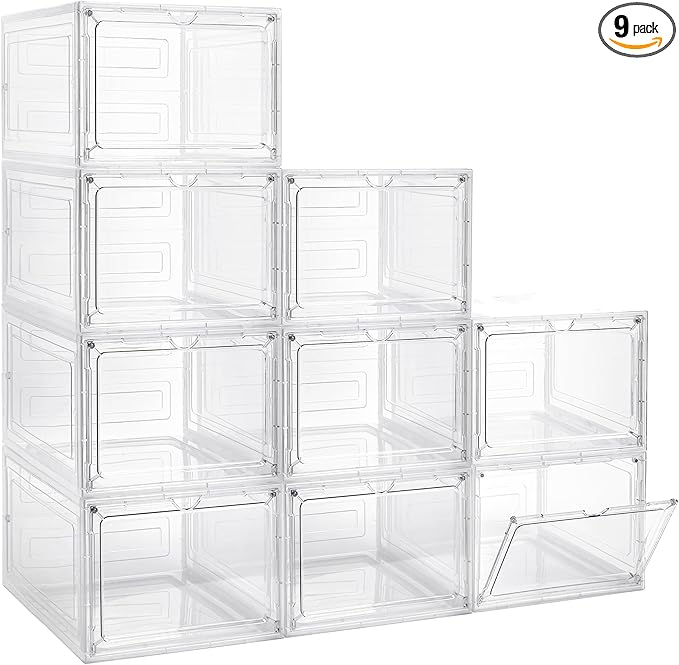 LXLXXL Storage Bins with Lids, 9 Pack Plastic Storage Containers with Magnetic Door, 19 Qt Stackable Clear Storage Box for Home, Office Organizing