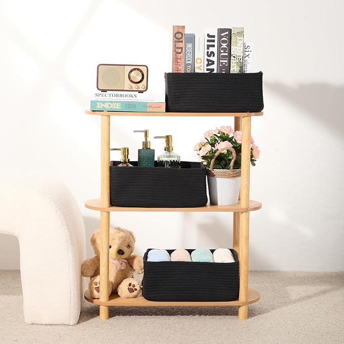 MiniArk Small Storage Baskets for Organizing | Closet Organizer Bins | Shelf Toy Basket | Woven Rope Baskets | Cube Decorative Box | Shallow Basket | 13x8.5x5.1” | 3 Packs Black
