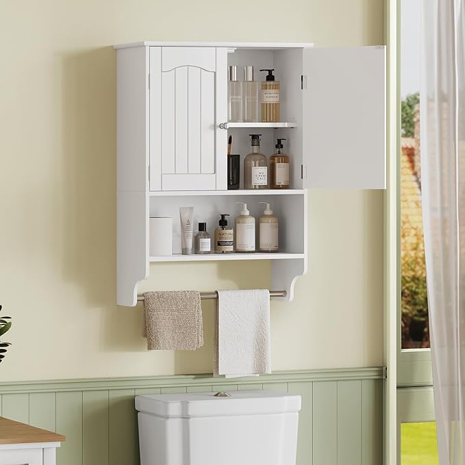 TEENFON Medicine Cabinet with Adjustable Shelves and Towel Rack, Wall Mounted Bathroom Cabinet Over the Toilet Storage for Bathroom, Living Room, White