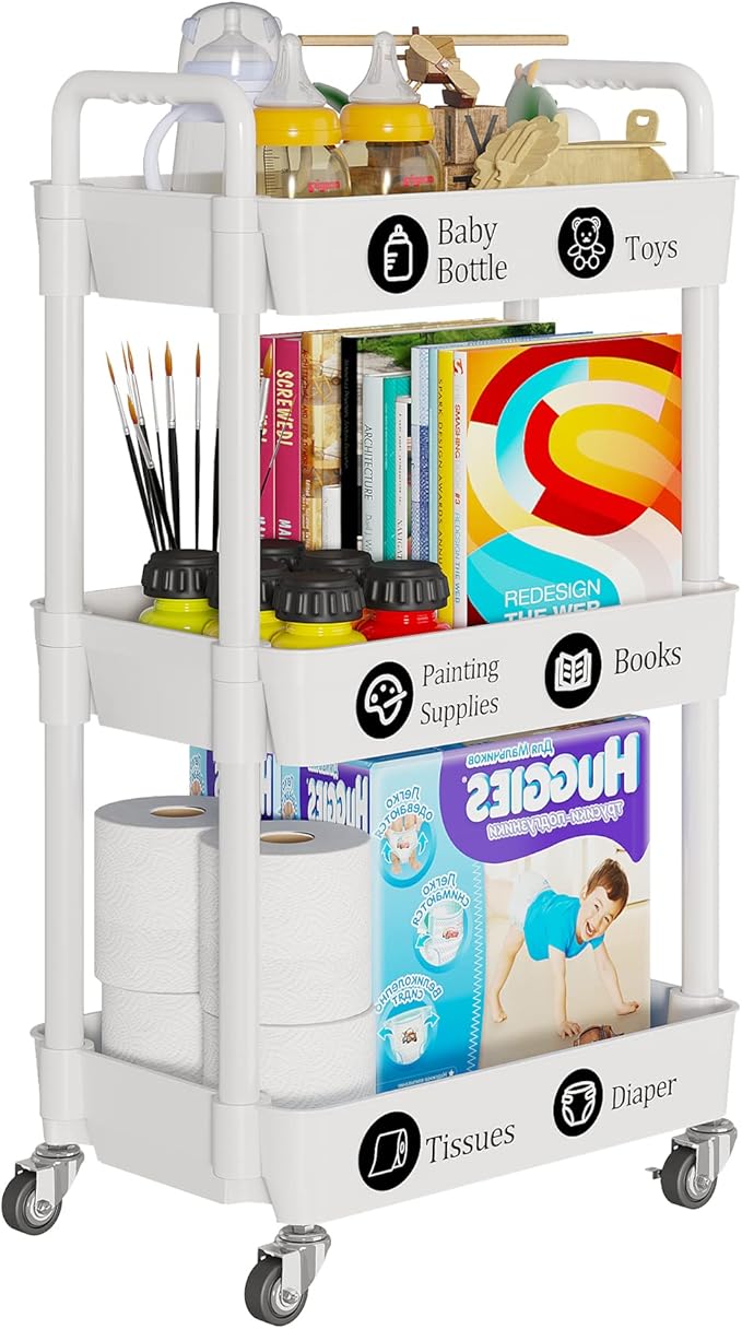 3-Tier Rolling Cart with Wheels, Multifunction Utility Storage Carts, White