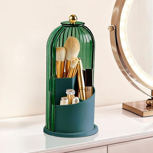360° Rotating Makeup Brush Holder with Lid, Green