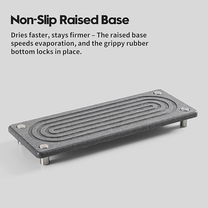 Razborci Water Absorbing Stone Sink Caddy Kitchen Sink Organizer Tray, Diatomite Bathroom Counter Tray, Faucet Drying Mat Coaster Soap Dish Rack Riser Dispenser Sponge Holder, Charcoal 10" x 4"