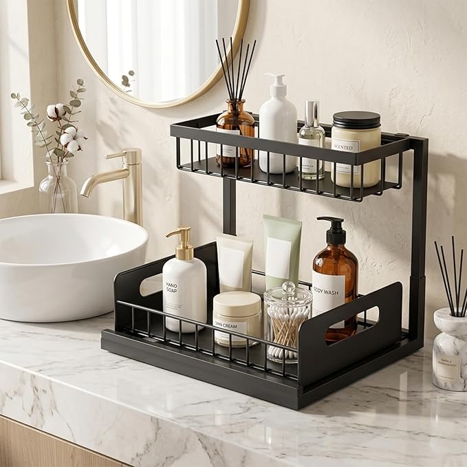 Under-Sink Storage Organizer (2-Pack) — Double-Tier Pull-Out Cabinet Organizer with Sliding Drawers ，Heavy-Duty & Versatile Storage Rack for Kitchen, Bathroom, and Pantry，Black