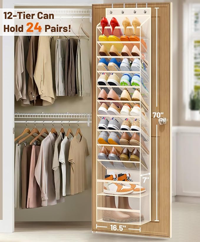 12 Tier Over the Door Shoe Organizer Breathable Mesh Hanging Shoe Rack, Beige