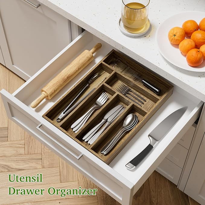 Kiasthome Acacia Wood Silverware Drawer Organizer, 6 Slots