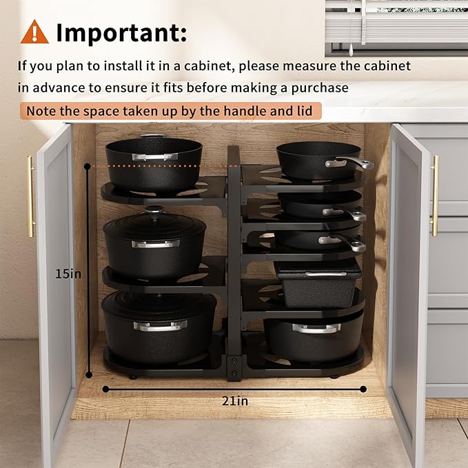 Adjustable Heavy Duty Pots and Pans Organizer Under Cabinet, Black