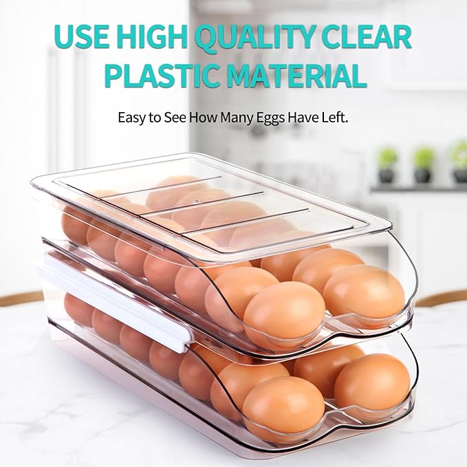 RoskDeewat Egg Holder for Fridge, Automatically Rolling Egg Container for Refrigerator, Clear Plastic Fridge Organizers and Storage with Lid, Stackable Egg Dispenser & Tray (3 Tier)