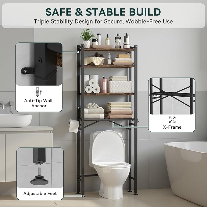 4-Tier Over The Toilet Storage with Paper Holder and 4 Hooks