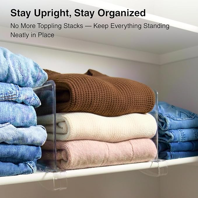 SortNStore Shelf Dividers Purse Organizer for Closet: 16-Pack Acrylic Bag Storage Organizer for Handbags, Clutches, Clothes, Sweater, Towel on Wood Shelves