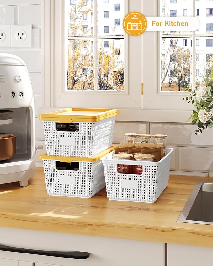 EOENVIVS Storage Bins Bakets with Lids 6 Pack, Stackable Organizer Bins for Small Spaces, Pantry, Closet & Bathroom, Secure Snap Lids, 11x7x5 Plastic Storage Containers for Shelf Organization, White
