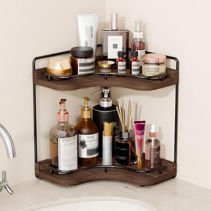 2-Tier Corner Bathroom Counter Organizers, Stable Wood Vanity Shelf for Perfume, Skincare & Makeup, Larger Size Countertop Organizer and Storage for Bathroom, Kitchen and Dresser(Dark Brown)