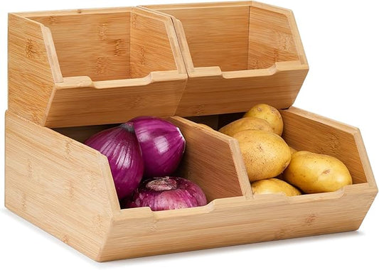 3 Pack Stackable Bamboo Potato Onion Storage Bins