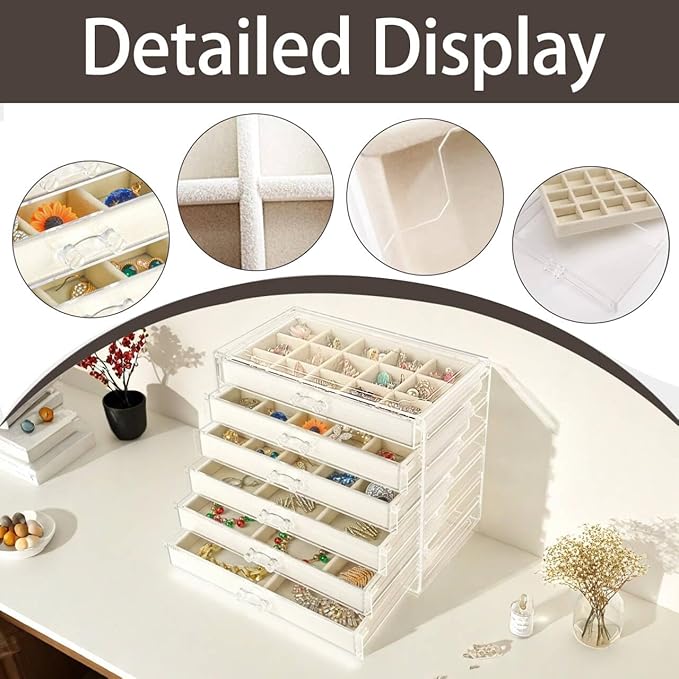 Watpot Acrylic Jewelry Box with 6 Drawers, Beige