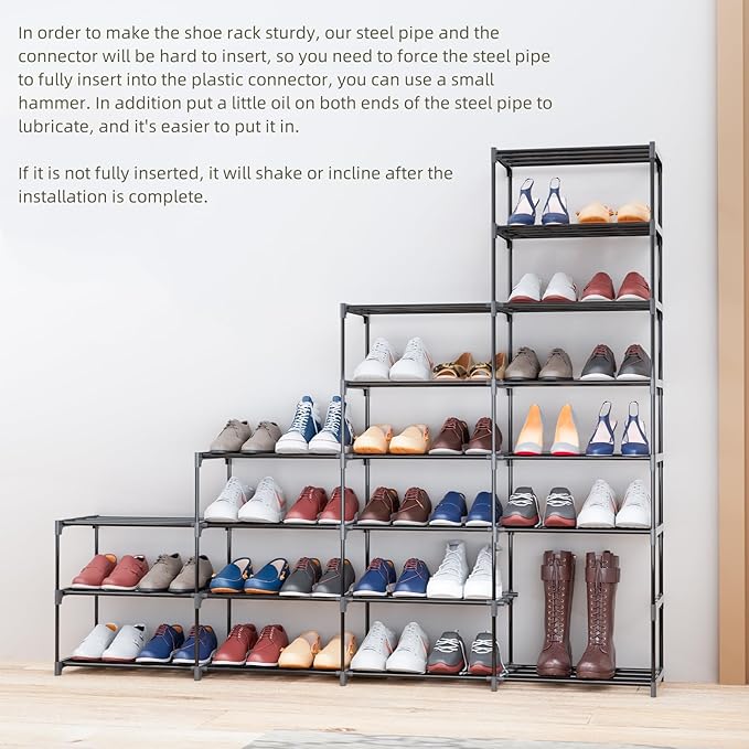 SMILHELTD Large Shoe Rack 4 Row 8 Tier for Entryway Holds 64 Pairs, Metal & Plastic Shelves, DIY Assembly, Space Saving Storage Unit for Garage Closet, 66.1" W x 49.2" H