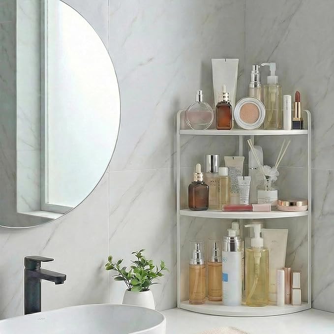 3 Tier Corner Bathroom Counter Organizer, Countertop Organizer, Makeup Organizer Countertop, Bathroom Storage Sink Shelf, Wooden and Metal Counter Shelf (Large Capacity-White)