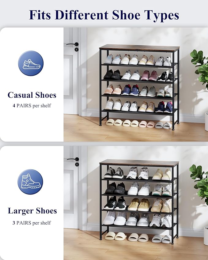 Kitsure 5-Tier Shoe Rack for Entryway - Space-Saving Shoe Rack Organizer with Wooden Top, Metal Frame Shoe Storage for Closet, Holds 15–20 Pairs, 29.5" x 11.4" x 31.1"