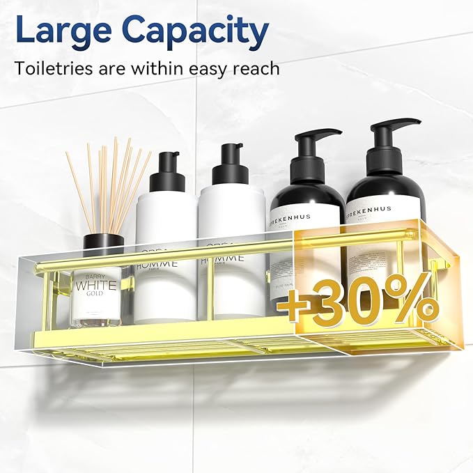 YASONIC Shower Caddy Adhesive, No Drill Bathroom Shower Organizers, with Removable Hooks and Soap Holder, Rust Proof Shower Shelves, Wall-Mounted Shower Holder, 3 Pack, Gold