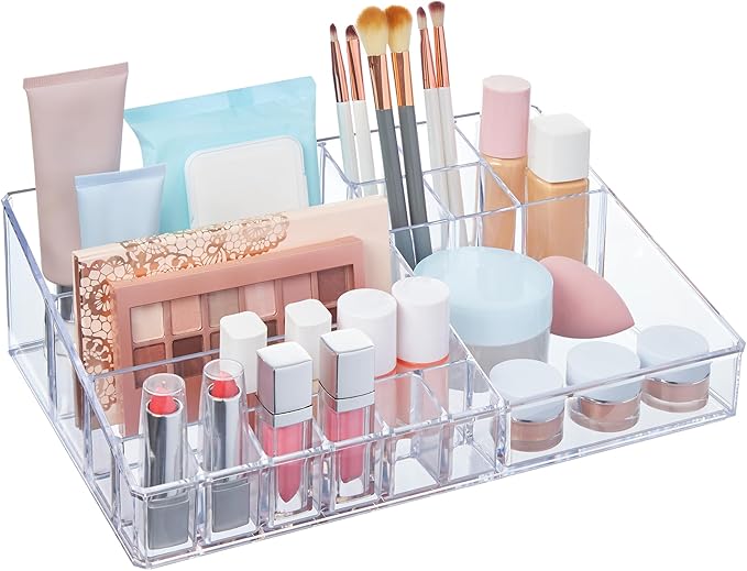 Audrey Clear Vanity Makeup Organizer, 15-Compartment Holder for Brushes