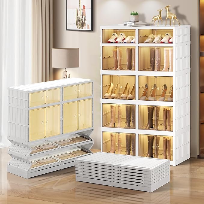 CIMLORD 5-Tier Foldable Shoe Rack Organizer for Closet 20Pairs Plastic Collapsible Shoes Storage Box Clear Shoe Boxes Stackable with Door Easy Assembly Shoe Cabinet Bins with Lids Large