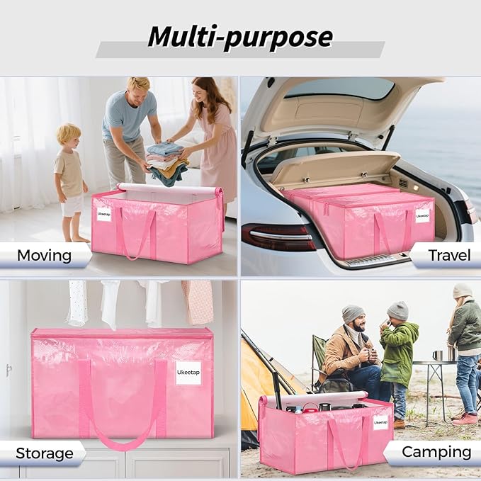 16 Pack Extra Large Heavy Duty Moving Bags, Pink Storage Bins with Lids