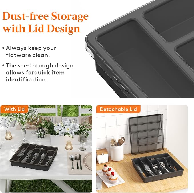 Lifewit Silverware Organizer with Lid, Covered Utensil Tray for Kitchen Drawer and Countertop, Plastic Cutlery and Flatware Storage Box for Spoons Forks Knives Holder Case, 12.6x11.8", Black