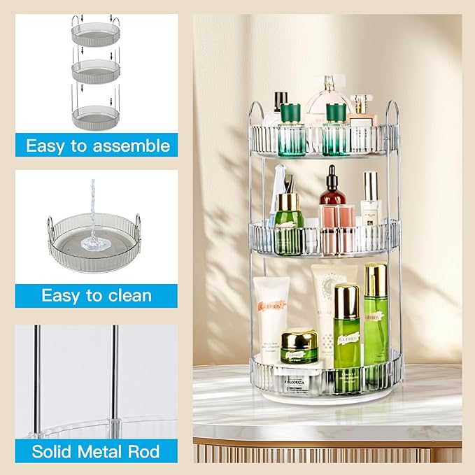 360 Rotating Makeup Organizer, Classic Grey, 3 Tier