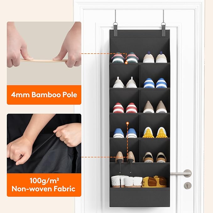 6 Tier Over the Door Shoe Organizer with 11 Large Deep Pockets, Black