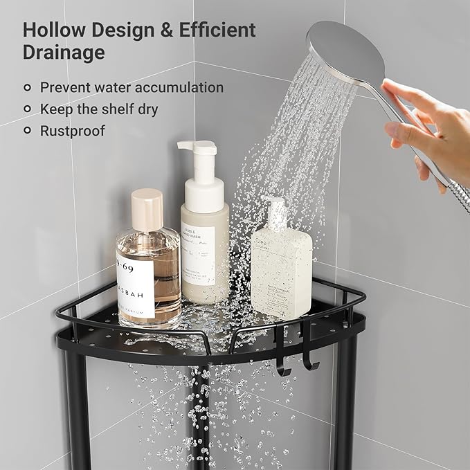 ELYKEN Corner Shower Caddy Standing, 4 Tier Rustproof Metal Shower Organizer with Soap Holder, Floor Shower Corner Shelf Rack Storage Stands with Adjustable Feet & 2 Hooks for Bathroom, Black