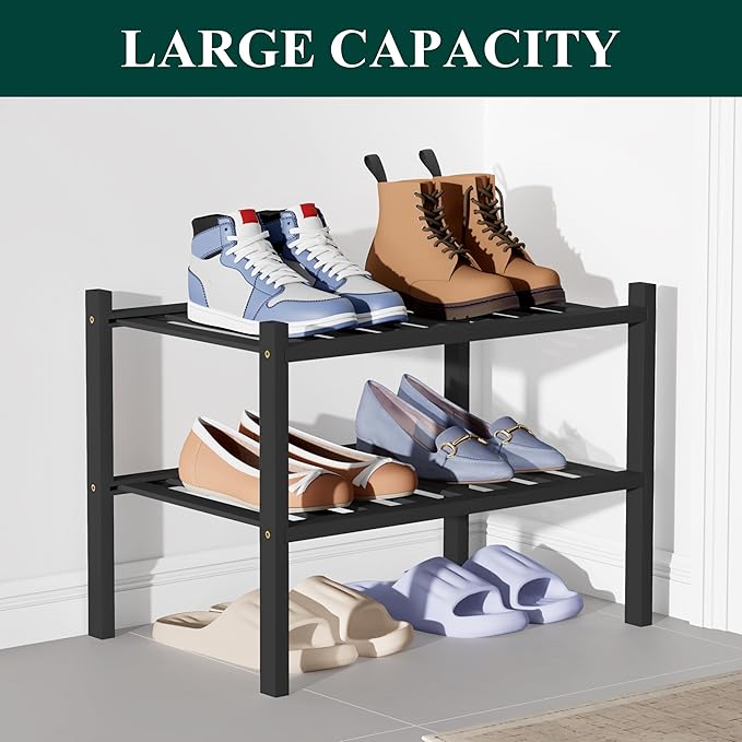 Smiry Bamboo Shoe Rack for Closet, 2 Tier Small Wooden Shoe Organizer, Stackable Wood Shoe Storage Shelf for Entryway, 14 Vertical Slats, One-piece Heavy-Duty Legs, 17.32"x11.02"x12.99", Black