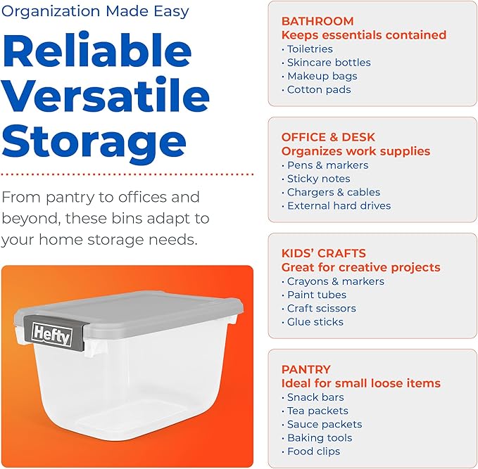 Hefty 6.5 Qt Flat-Lid Storage Bin with Lid, Stackable Plastic Storage Container, Organizer for Home, Office & Classroom, 8 Pack, Gray