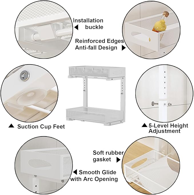 1 Pack Under Sink Pull Out Organizer, 2-Tier Adjustable Height Carbon Steel Storage Rack for Kitchen and Bathroom Cabinet, White