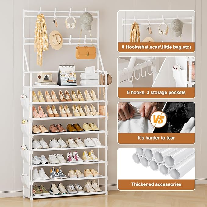 OYREL Shoe Rack 8 Tier Large Shoe Organizer Storage 32-40 Pairs Metal Shoe Storage Rack with Hooks and Side Pocket for Entrance Entryway Closet Shoe Shelf Holder