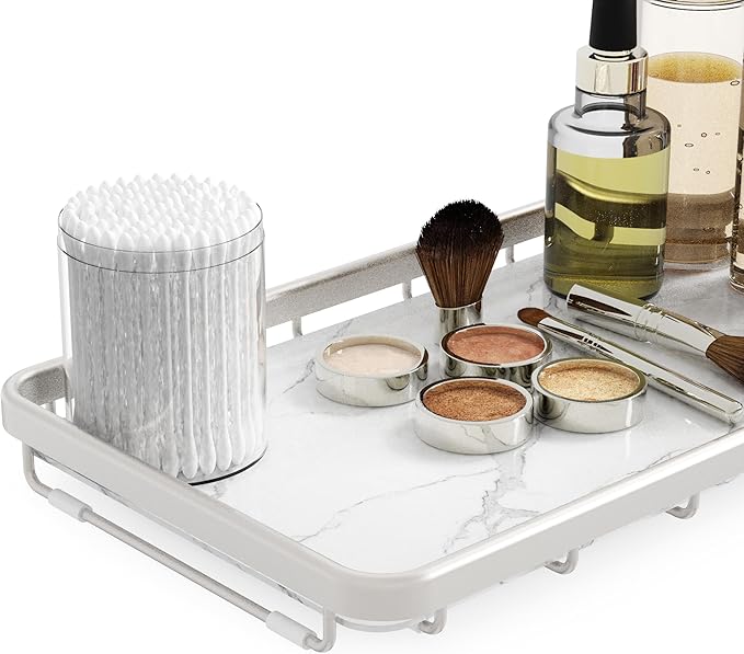 Counter Organizer for Bathroom, Kitchen or Coffee Bar, Metal Shelf with Faux Marble, Vanity Countertop Makeup Storage, Dresser Perfume Display Rack, Toilet Tank Tray (Matte Nickel, 1-Tier)