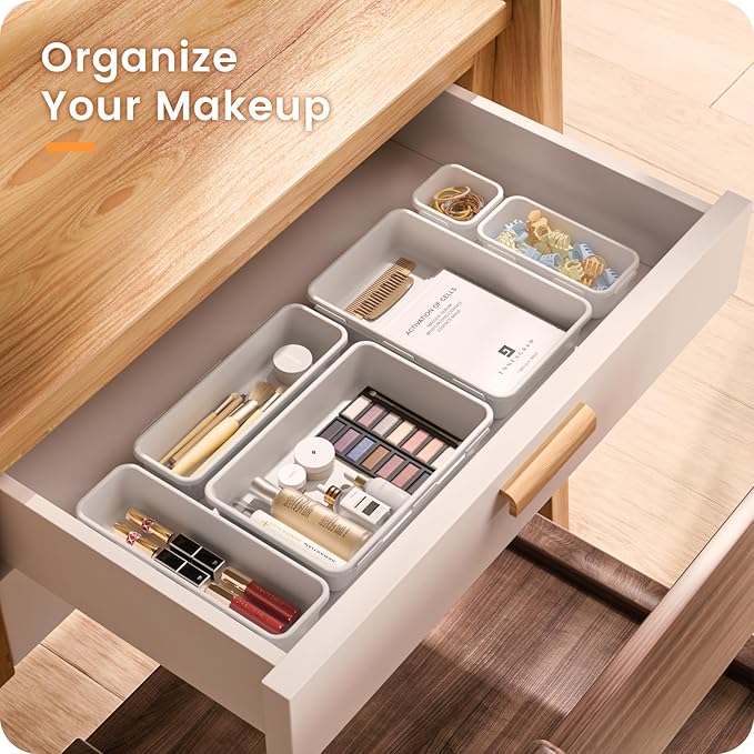 A-LuGei 【Military Grade Drawer Organizer, 【𝟱𝗦𝗶𝘇𝗲】 Makeup organizer, 【Holds 177 Items】 Bathroom Organizers and Storage, Organization and Storage, Desk Drawer Organizer for Vanity (White)