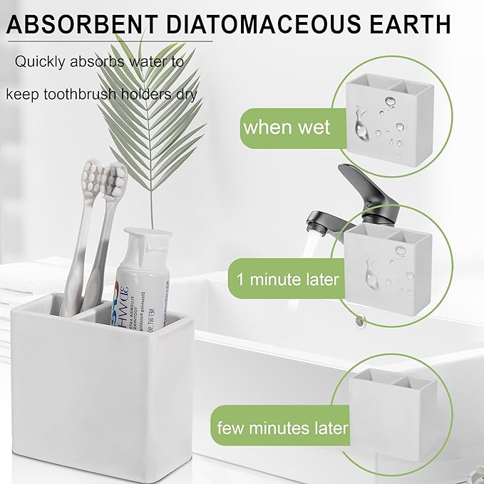 Diatomite Toothbrush Holder 2 Slots Tooth Brush Holder for Bathroom, Kids Electric Toothbrush and Toothpaste Organizer for Countertop, Shower, Vanity, Light Grey