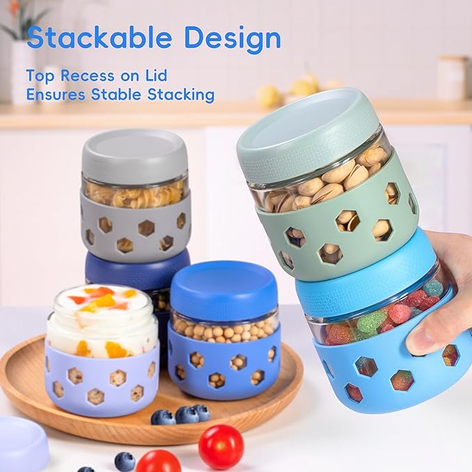 Gemice 6-Pack 10 oz Overnight Oats Containers with Lids and Silicone Sleeves