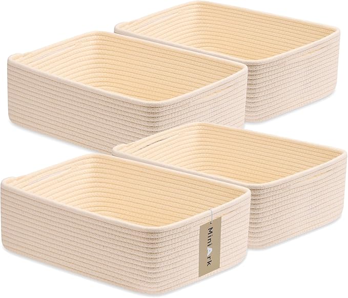 MiniArk Large Shallow Organizing Baskets 15x11x5.1 Inches - Rope Woven Storage Bins for Bathroom, Shelves, Cube Closet, Beige 4 Packs