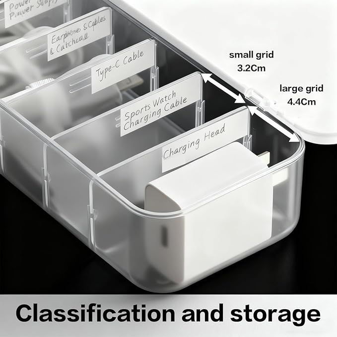 Cable Organizer Box with 7 Wire Ties, 2 Pack Desktop Cord Management Storage Case with Lid, 7 Compartments for Chargers Cables for Office Home Desk Accessories Cords (White)