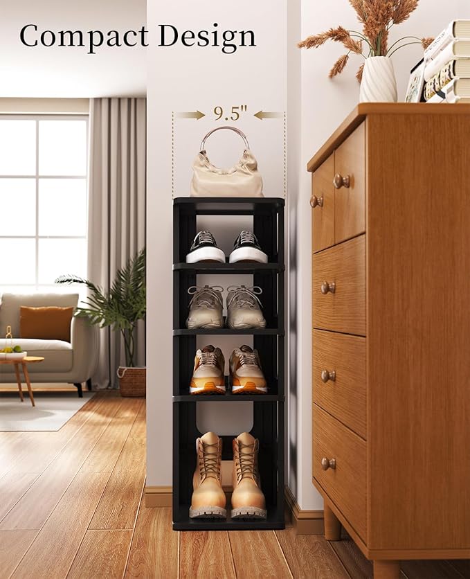 HAIXIN Shoe Organizer Rack for Small Spaces 5 Tier Plastic Vertical Narrow Shelves for Closet Black Shoe Holder, Stand for Entryway Storage Boots Organizer Stackable Cabinet (Pack of 2)
