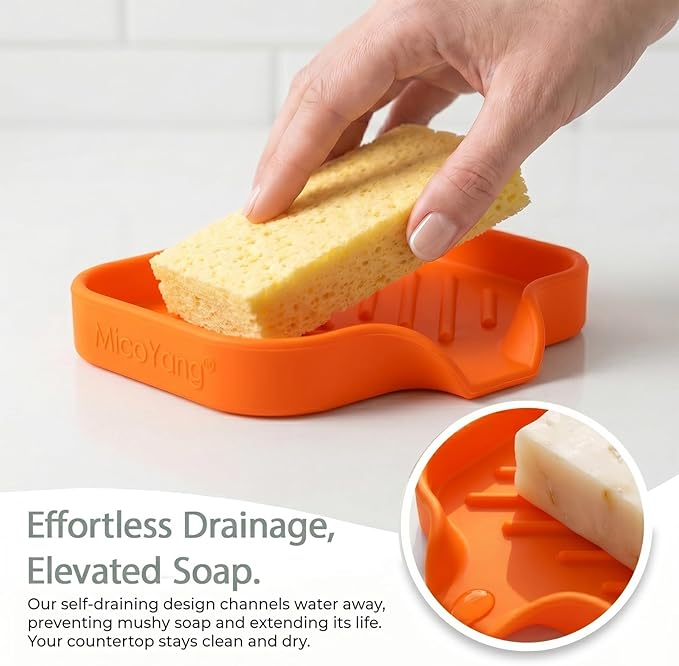 MicoYang Silicone Soap Dish with Drain Spout — Self-Draining Sink Organizer Tray for Bathroom & Kitchen, Holds Bar Soap, Sponges & Dispensers, Non-Slip & Dishwasher Safe, Orange (Small, 4.9"×3.2")