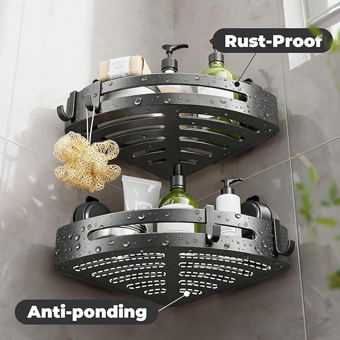 Shower Caddy Corner,Suction Cup Shower Caddy with Hooks,No Drilling Rustproof Aluminum Bathroom Organizers and Storage,Shelves for Bathroom Accessories Decor (3)