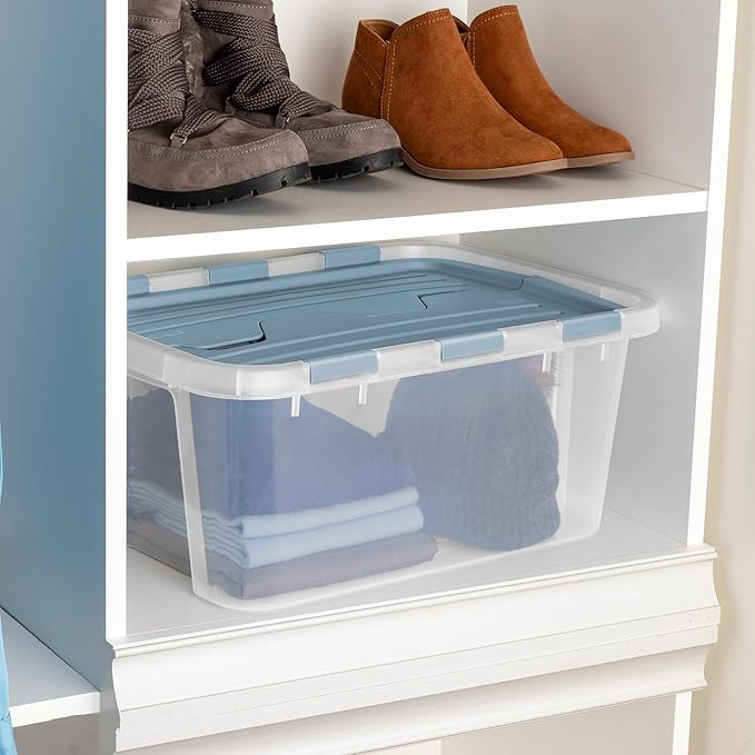 Sterilite 12 Pack Hinged Lid Storage Box, 20 Qt Plastic Container, Washed Blue - Home Organizer Tote for Storing Shoes, Crafts, Clothing, or Decor