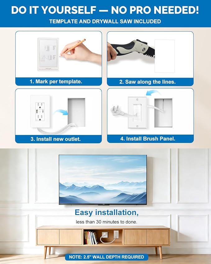 in-Wall Cable Management Kit with Recessed Outlet Box, Dual Outlet Extender with 4.2A Type C/A USB Ports, 9.8ft Extension Cord, Easy Install w/Drywall Saw, UL Listed, TR Safe Outlet Relocation Kit