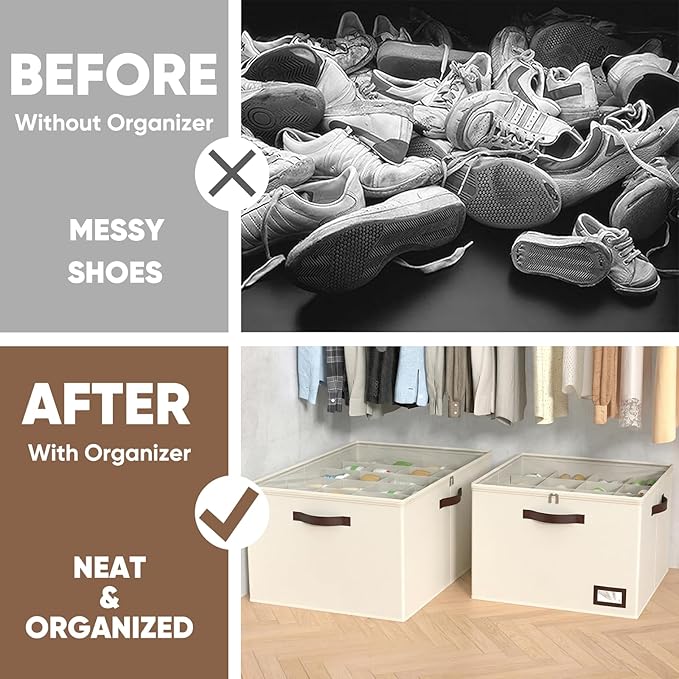 OIAHOMY 2 Pack Shoe Organizer for Closet, Large Foldable Shoe Storage Bins with Dividers and Reinforced Handles, Each Clear Cover Sneaker Box Fits Up to 24 Pairs for Entryway and Bedroom, Beige