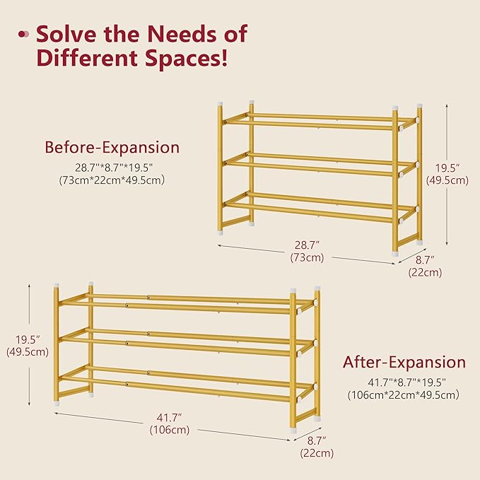 Tajsoon Expandable Shoe Rack for Closet 3 Tier, 28“-41“Adjustable & Stackable Shoe Shelf Storage, Metal Shoe Rack Organizer for Front Door Entrance, Closet, Garage, Entryway, Gold