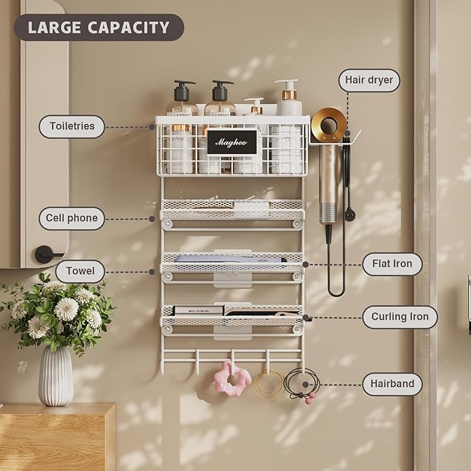 Magheo Hair Dryer Holder Wall Mounted, Adheisve Hair Styling Tool Organizer for hair Brush/Appliance Wall Mount with 5 Tier Shelf Basket Hooks Blow Dryer and Straightener Holder for Bathroom(White)