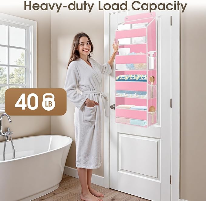 SpaceHacks 1 Pack Over The Door Organizer Hanging Storage Organizers with Clear Window 40lb Large Capacity Room Organizer for Pantry Laundry Bathroom Nursery Closet(Pink)