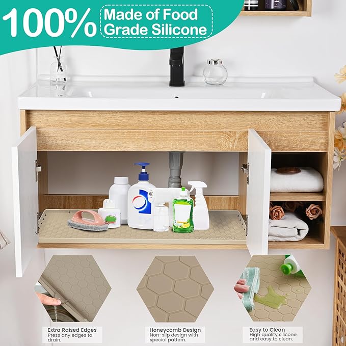 Waterproof Under Sink Mat 34" x 19", Silicone Cabinet Liner, Rubber Protector for Kitchen and Bathroom, Keeps Cabinets Clean, Dry, and Organized (Khaki)