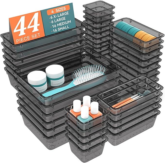 44 PCS Clear Plastic Drawer Organizer Set, Clear Black
